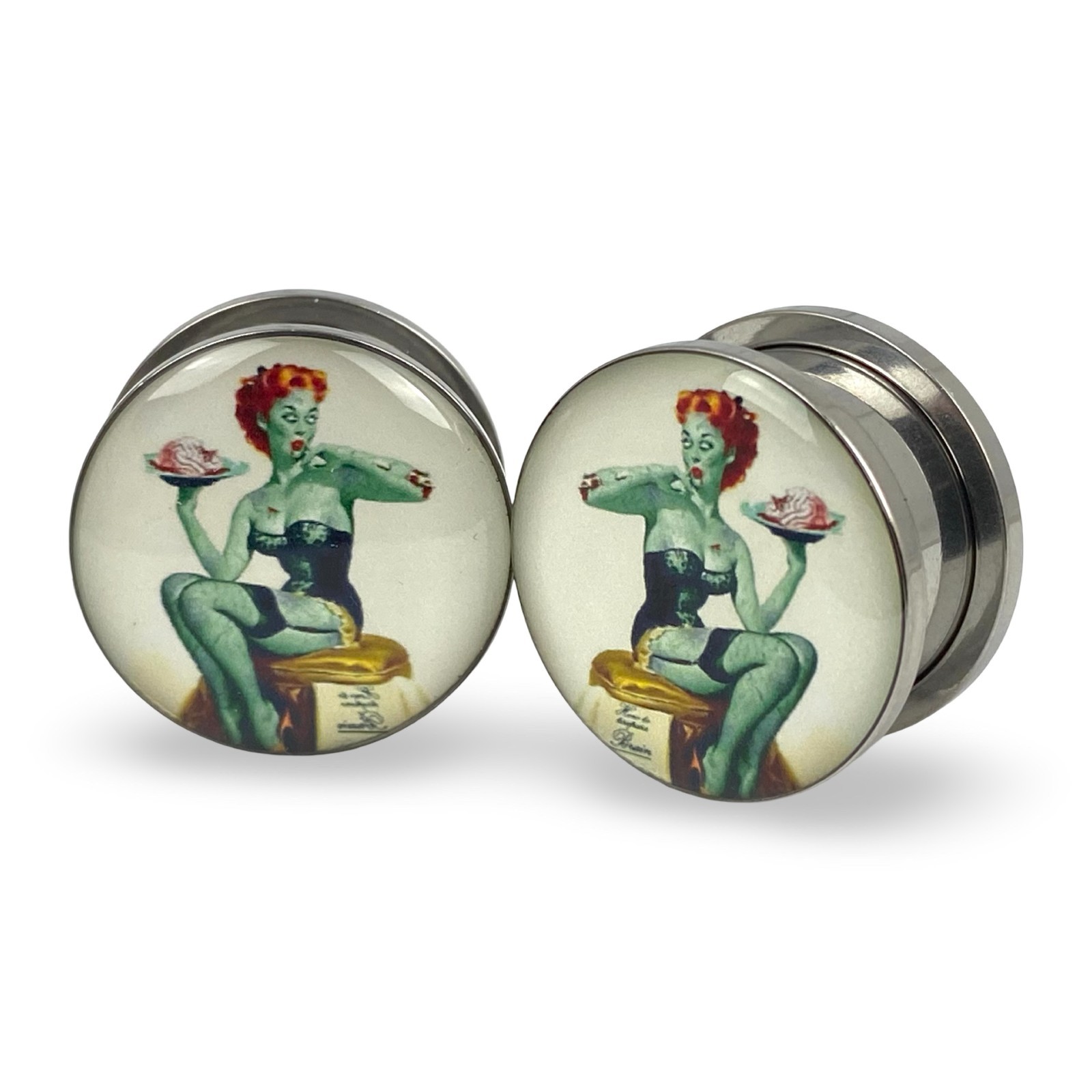 Pair of Screw on Zombie Pinup Picture Plugs gauges 16g thru 1 inch