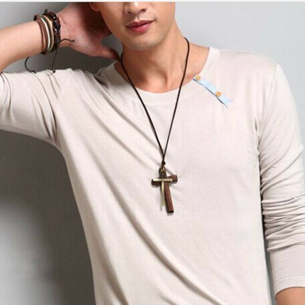 Handmade double-layer alloy wood cross long pendant sweater velvet rope necklace