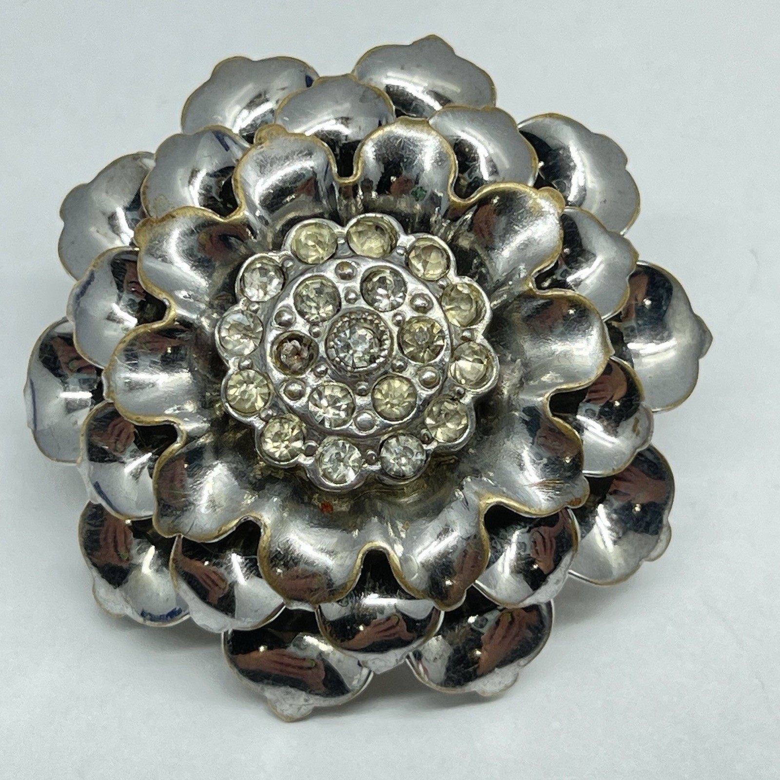 Brooch Silver Tone Flower Layered Petals Rhinestone Center No Mark -Flaw