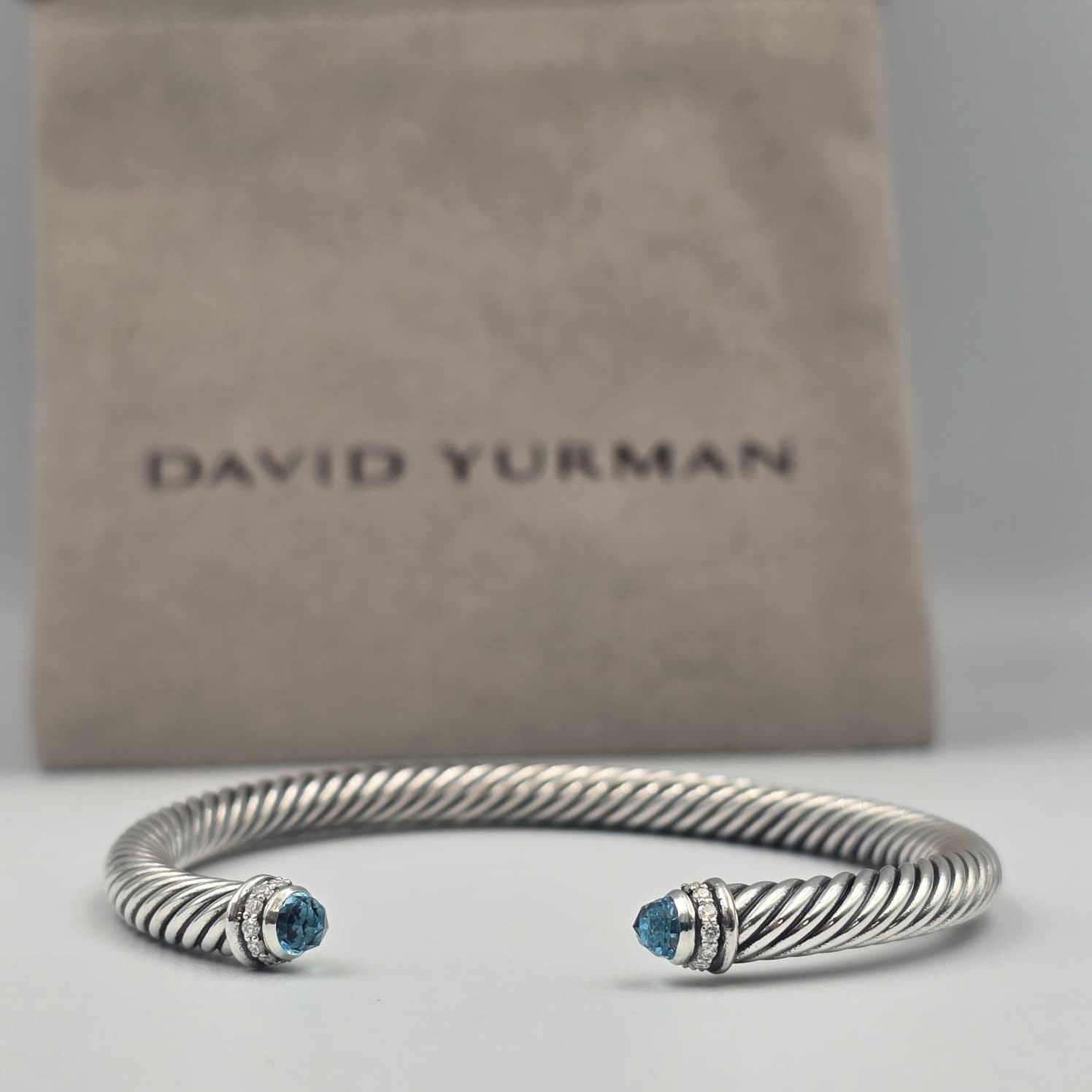 David Sterling Silver 5mm Cable Blue Topaz & Diamond Bracelet