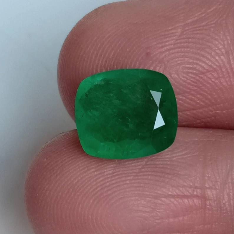 Certified Zambian Green Emerald Cushion Cut Unheated Loose Gemstone 3.48 Ct