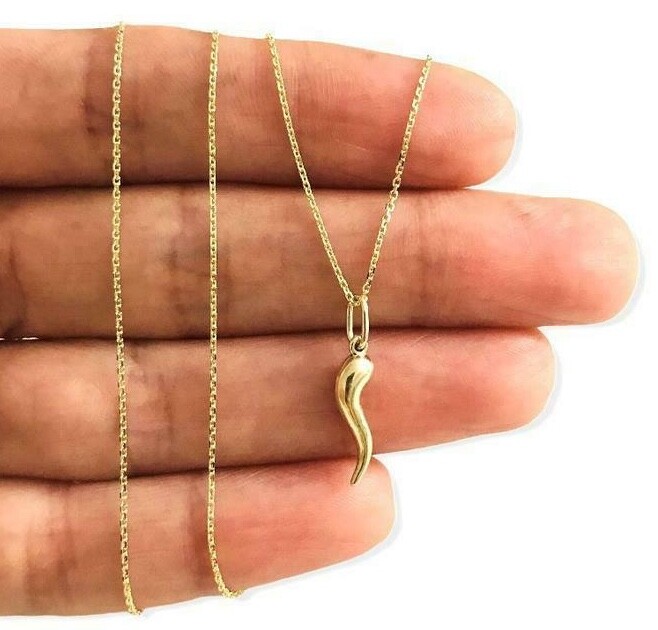 10K REAL Gold Italian Horn, Cornicello, Chili 18mm Pendant, Necklace – K6390