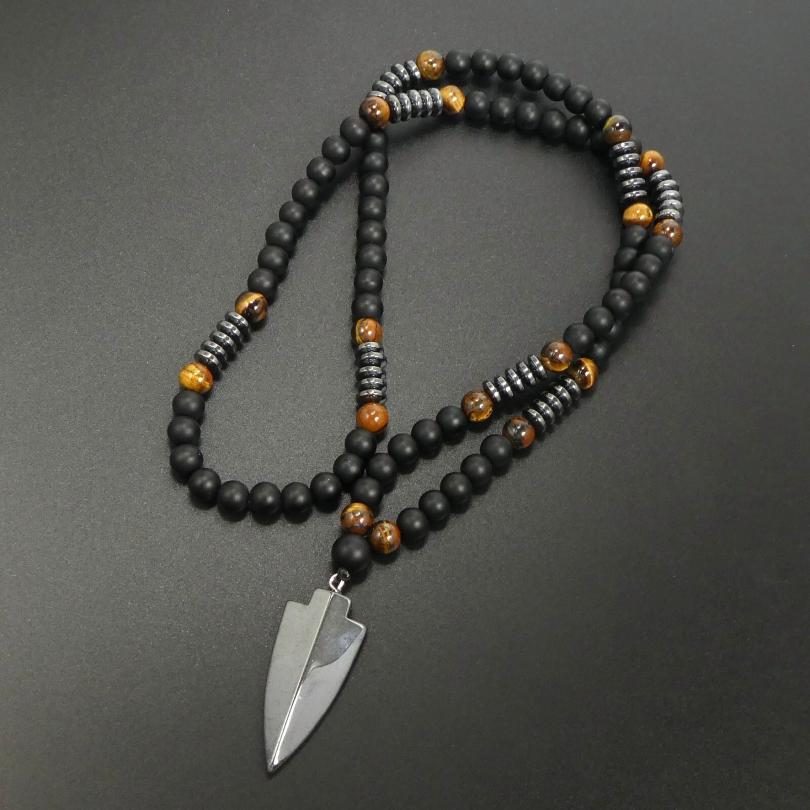 Tiger Eye Matte Black Onyx Hematite Arrowhead Pendant 29″ Long Necklace Man Gift