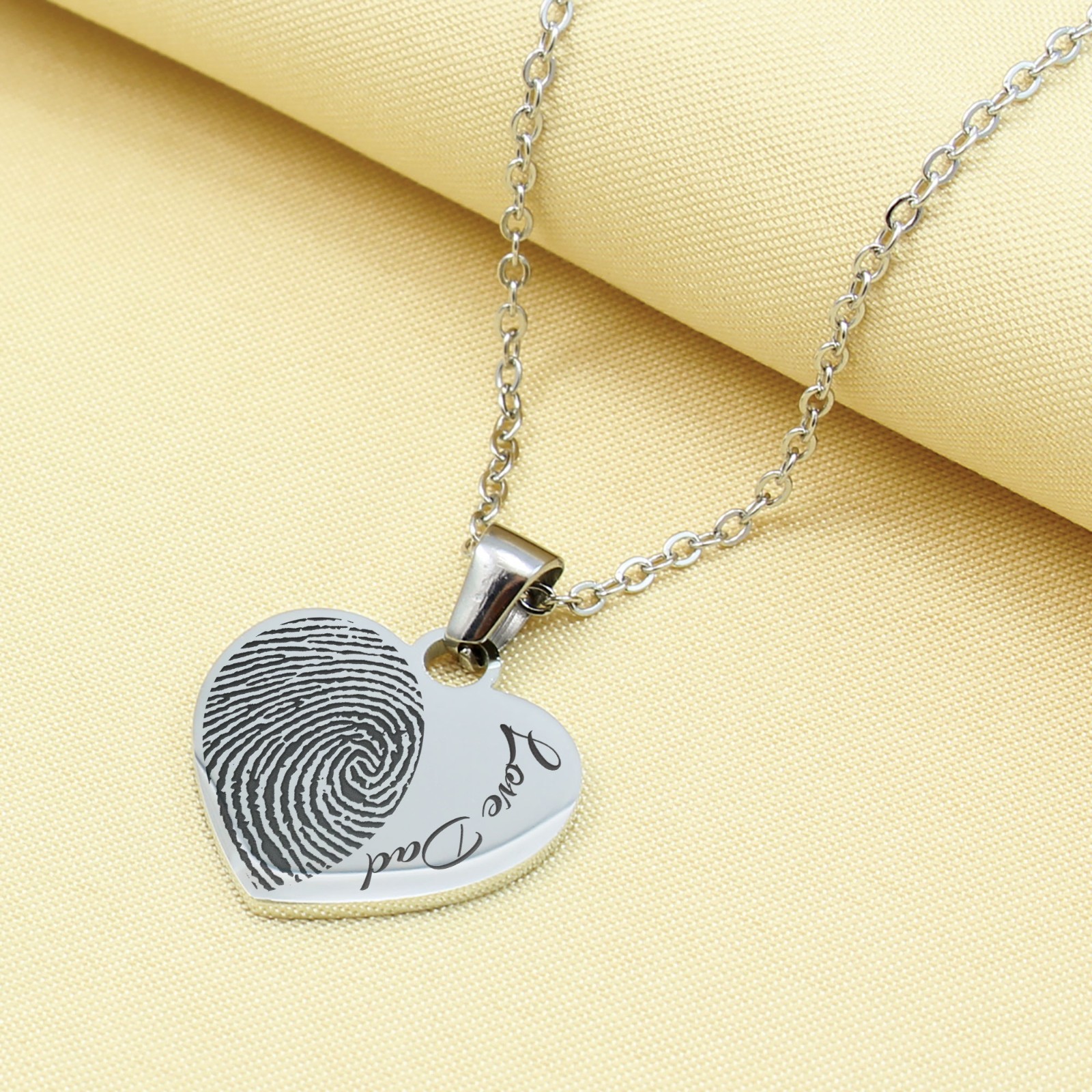 Engraved Fingerprint Heart Necklace Personalized Stainless Steel Memorial Gift