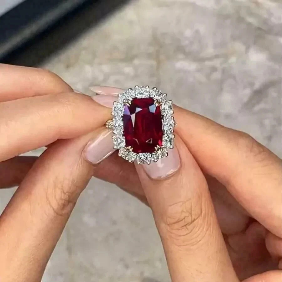 5.00 Ct Cushion Cut Natural Ruby Diamond Engagement Ring 14K Solid White Gold 6