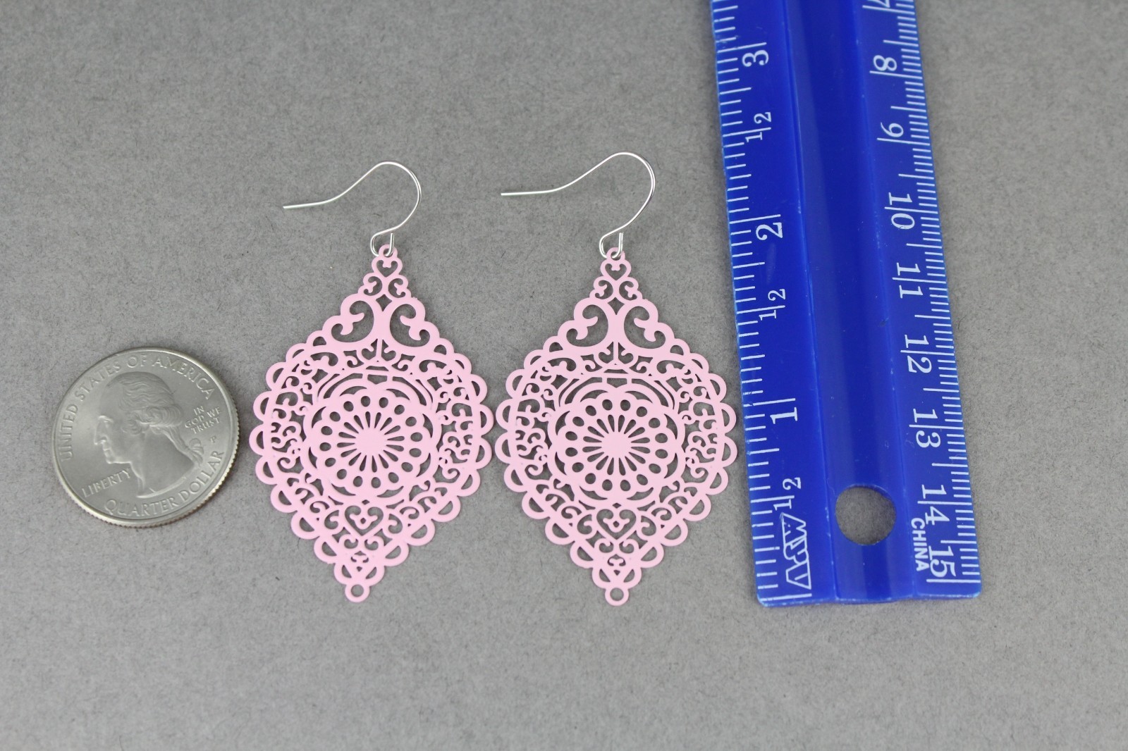 light Pink earrings teardrop dangle VERY lightweight filigree 2 3/8″ long floral