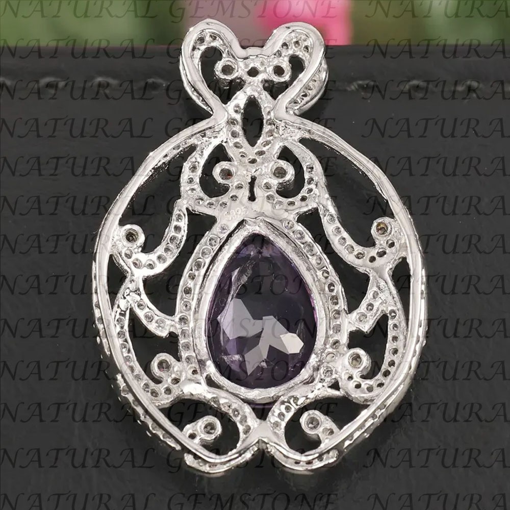 6.80Carat Pear Shape Natural Amethyst and Diamond Pendant 18K White Gold Plated