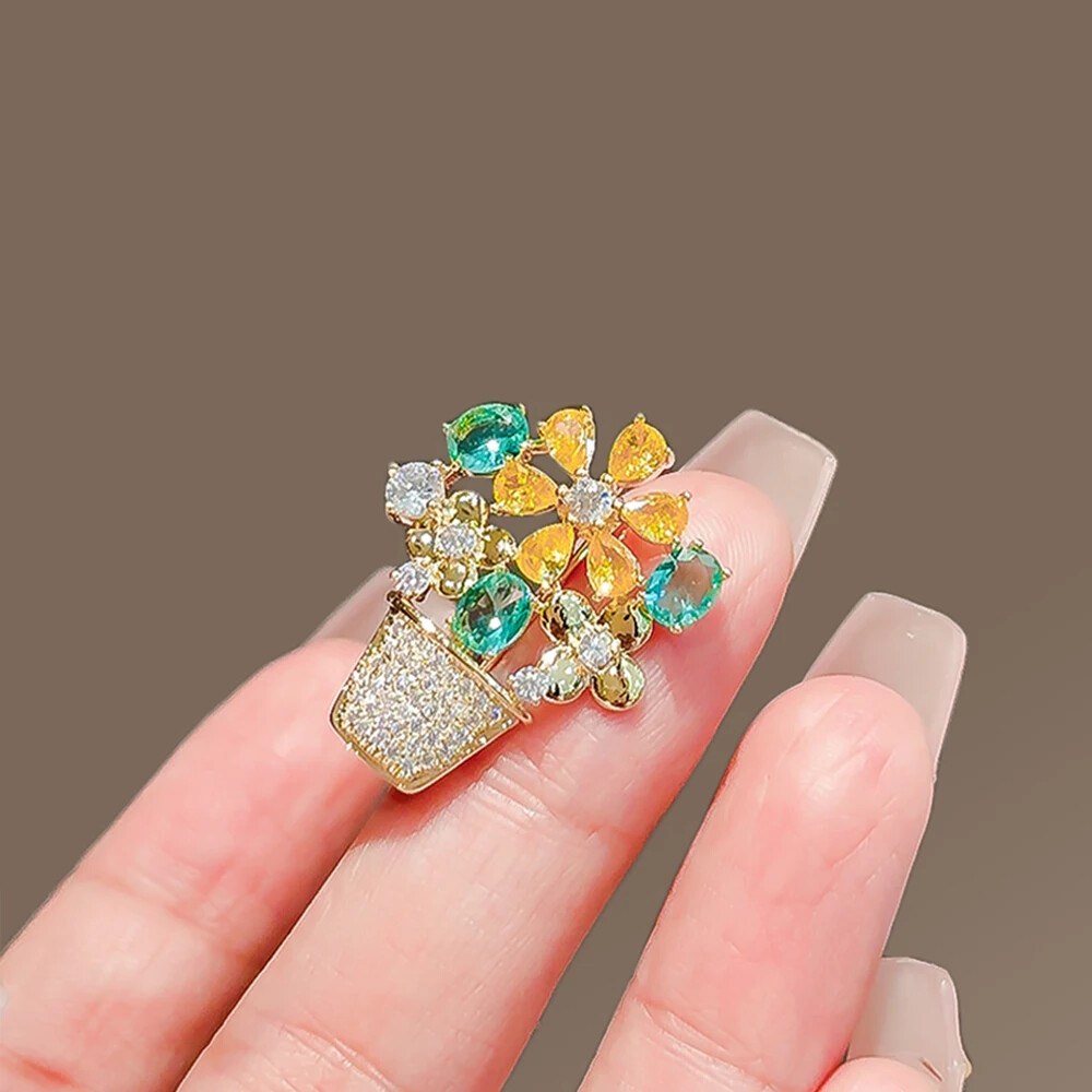 Easter Spring Flower Basket Brooch Sparkling Rhinestone Crystal Pin Jewelry Gift