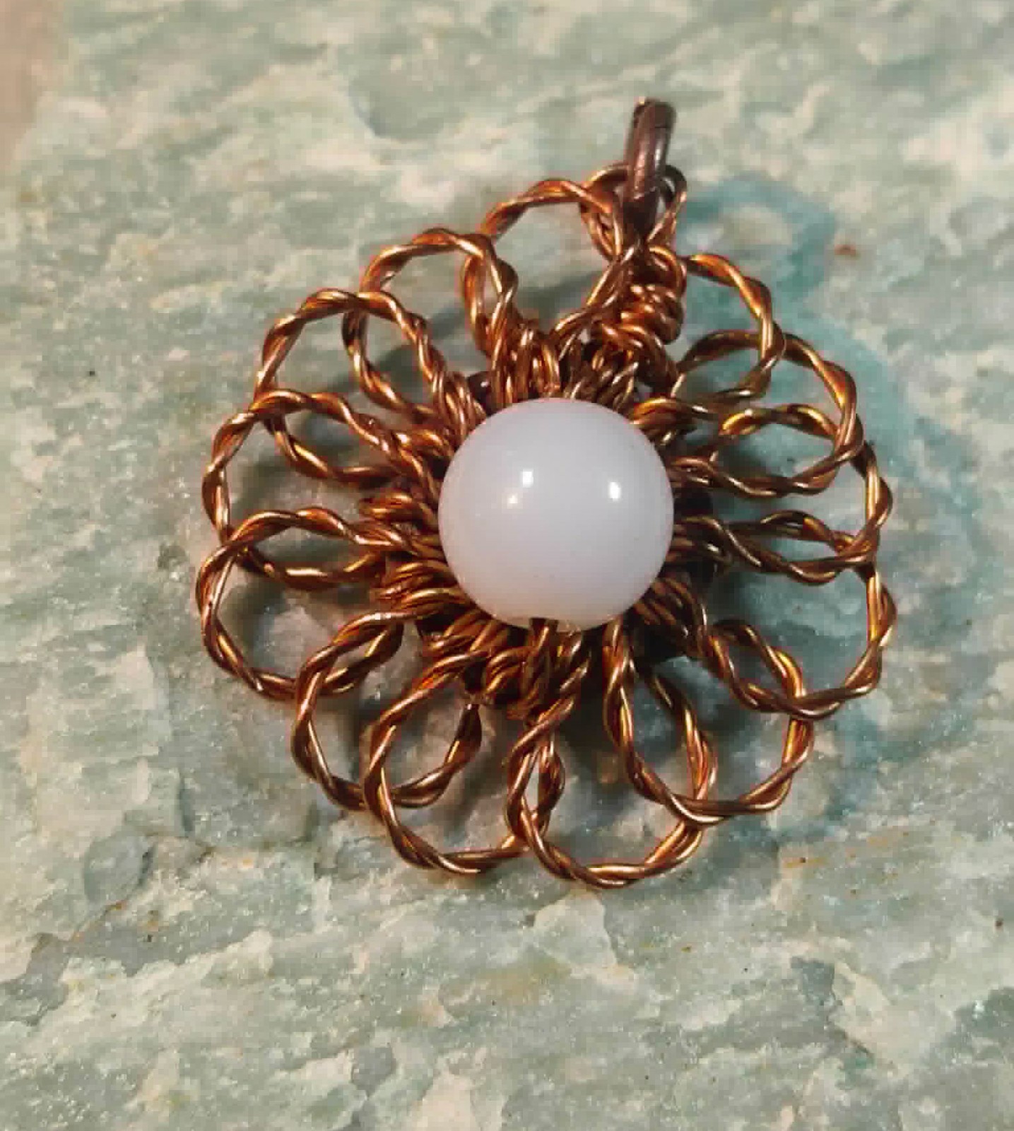 Flower Pendant Copper Daisy Wire Wrapped Mandala Jade Energy Lucky Jewelry #PM3