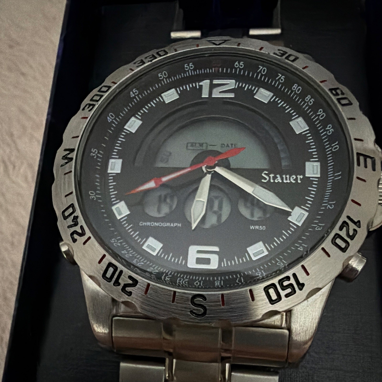 Stauer Men’s Quartz Analog/Digital Chronograph WR50 Steel Bracelet Black Dial