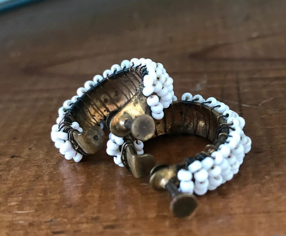Vintage White Beaded Screwback Hoop Wire Wrapped Earrings