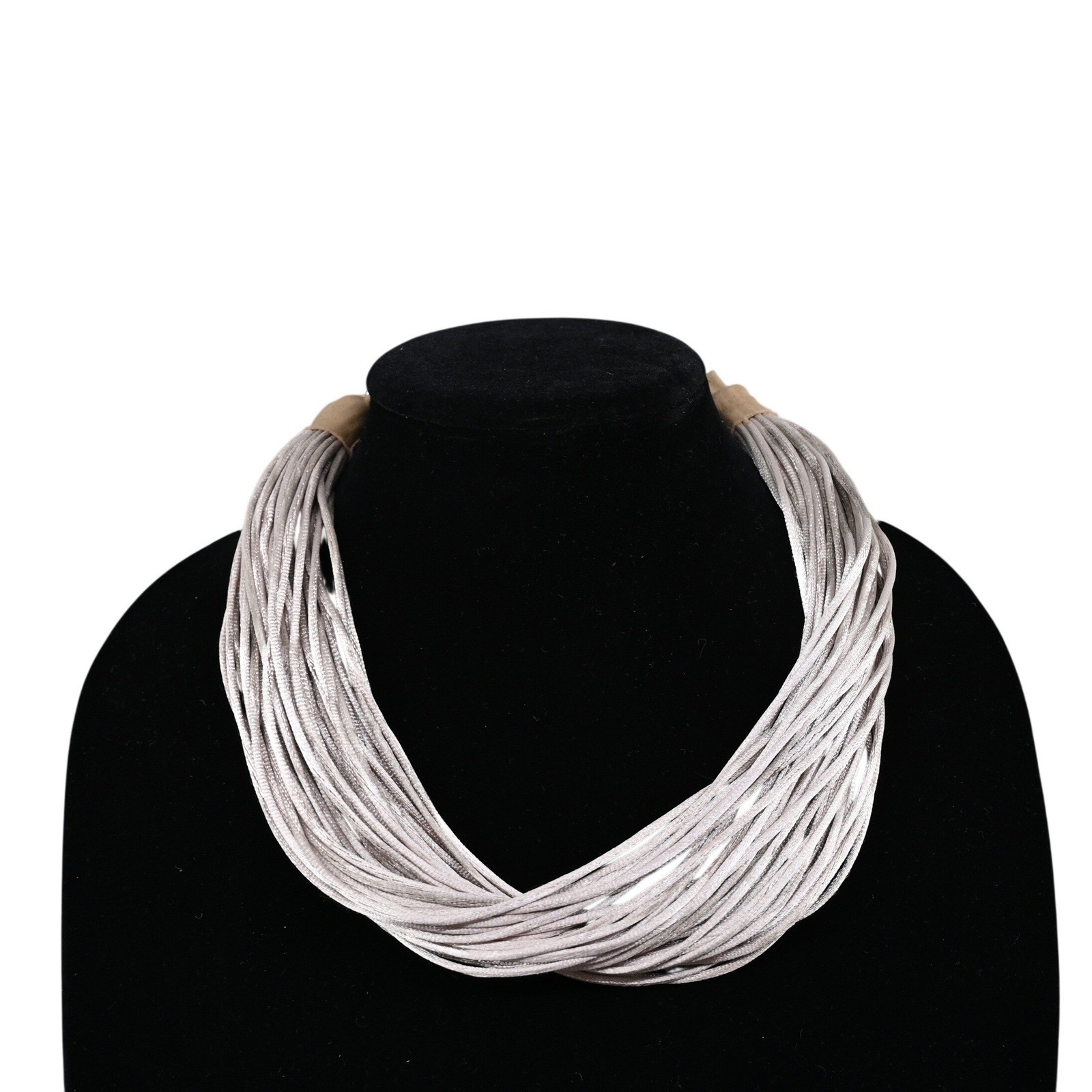 Multi Strand Cord Statement Necklace Silver Taupe Satin Fabric Adjustable 20″