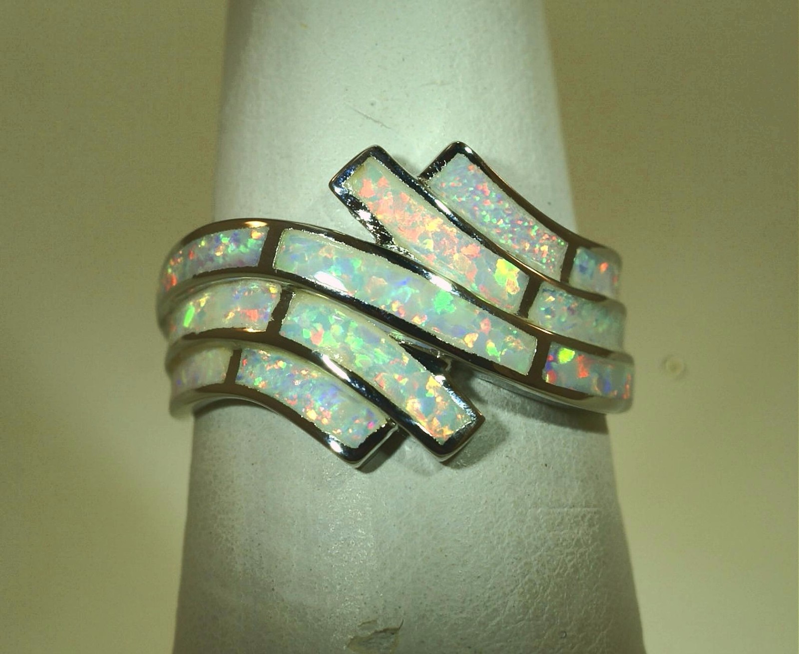 15MM HAWAIIAN RHODIUM 925 SILVER INLAID WHITE OPAL BREAKING OCEAN WAVE RING 5-10