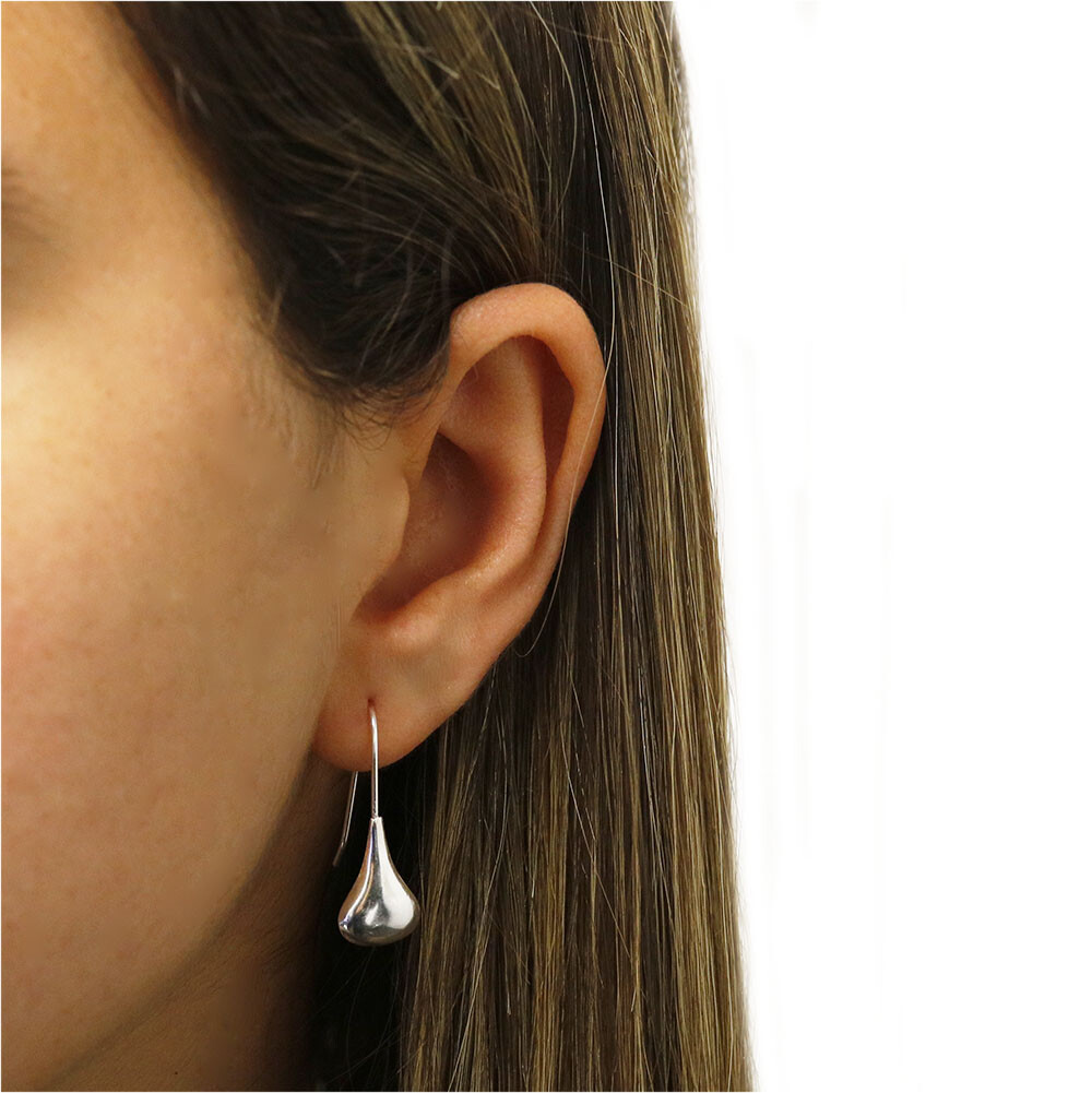 Sterling Silver 925 Solid Classic Puffed Teardrop Hook Dangle Earrings Women
