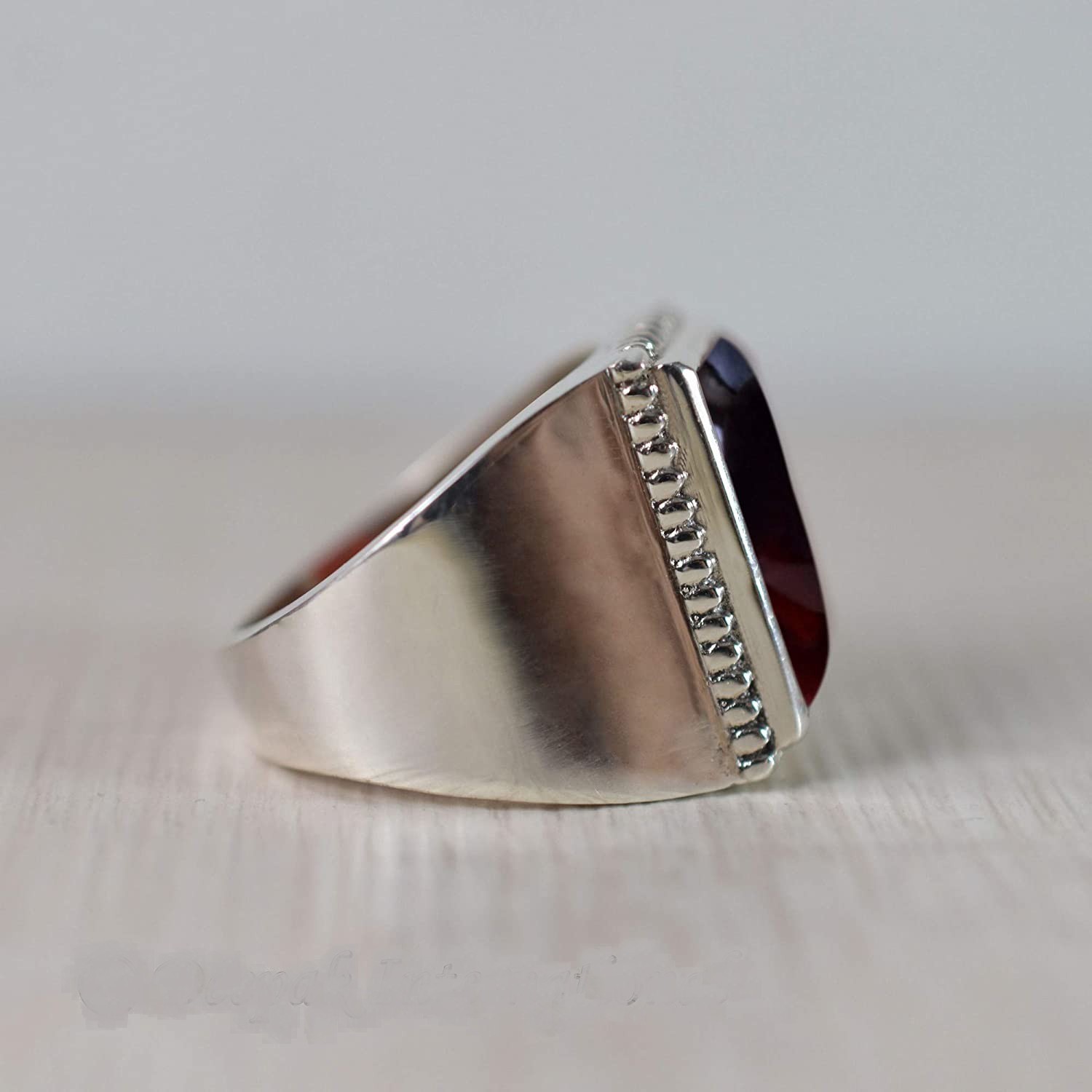 Solid 925 Sterling Silver Red Garnet Rectangle Gemstone Gift Men’s Unisex Ring