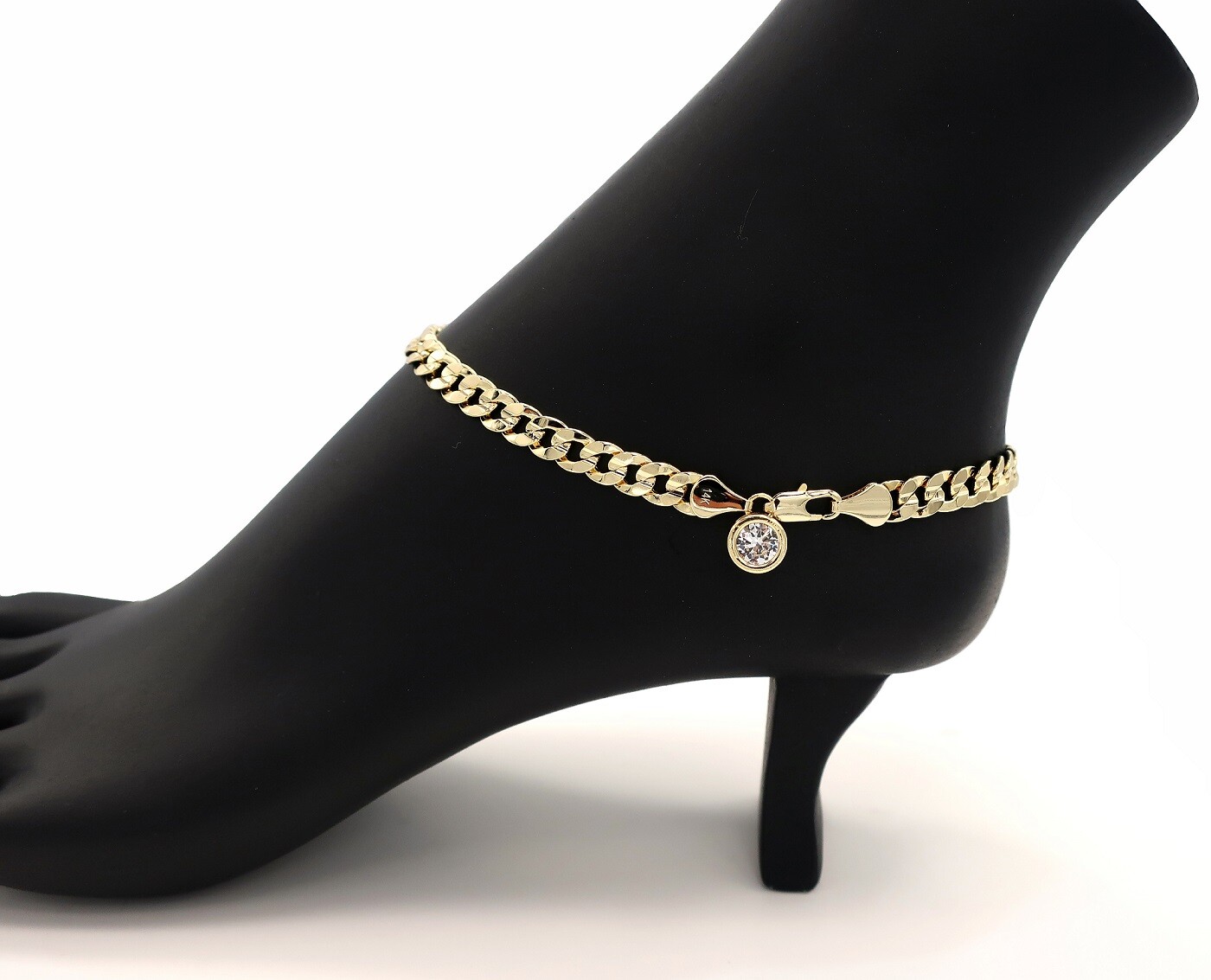 10″ CONCAVE CUBAN CURB LINK CHAIN QUALITY ANKLET CZ BRACELET 14K GOLD PLATED