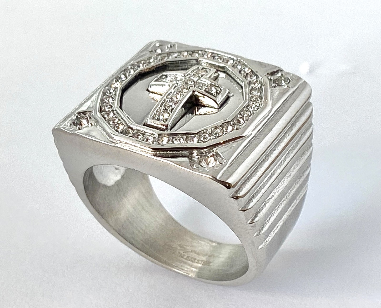 CZ Paved Cross Center Square Face Hand Polished Stainless Steel Mens Ring