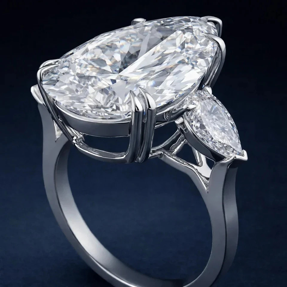 RARE 19.50 Ct White Treated Diamond Ring, 925 Silver, Excellent Luster