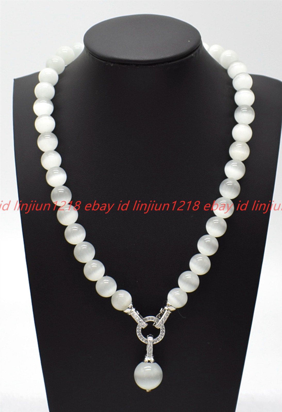 Natural 8/10/12mm White Cat’s Eye Gemstone Round Beads Pendant Necklace 16-28in