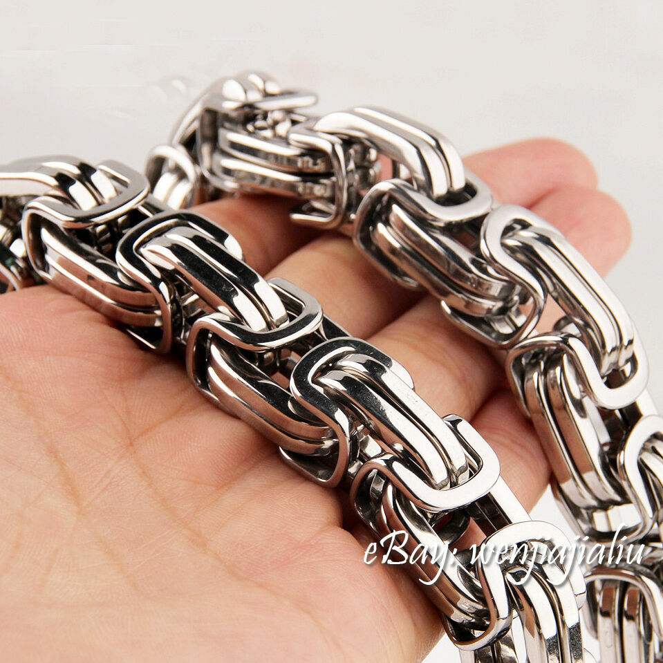 HEAVY 15mm Chain Silver Byzantine Link Stainless Steel Men’s HUGE Bracelet 8~12″