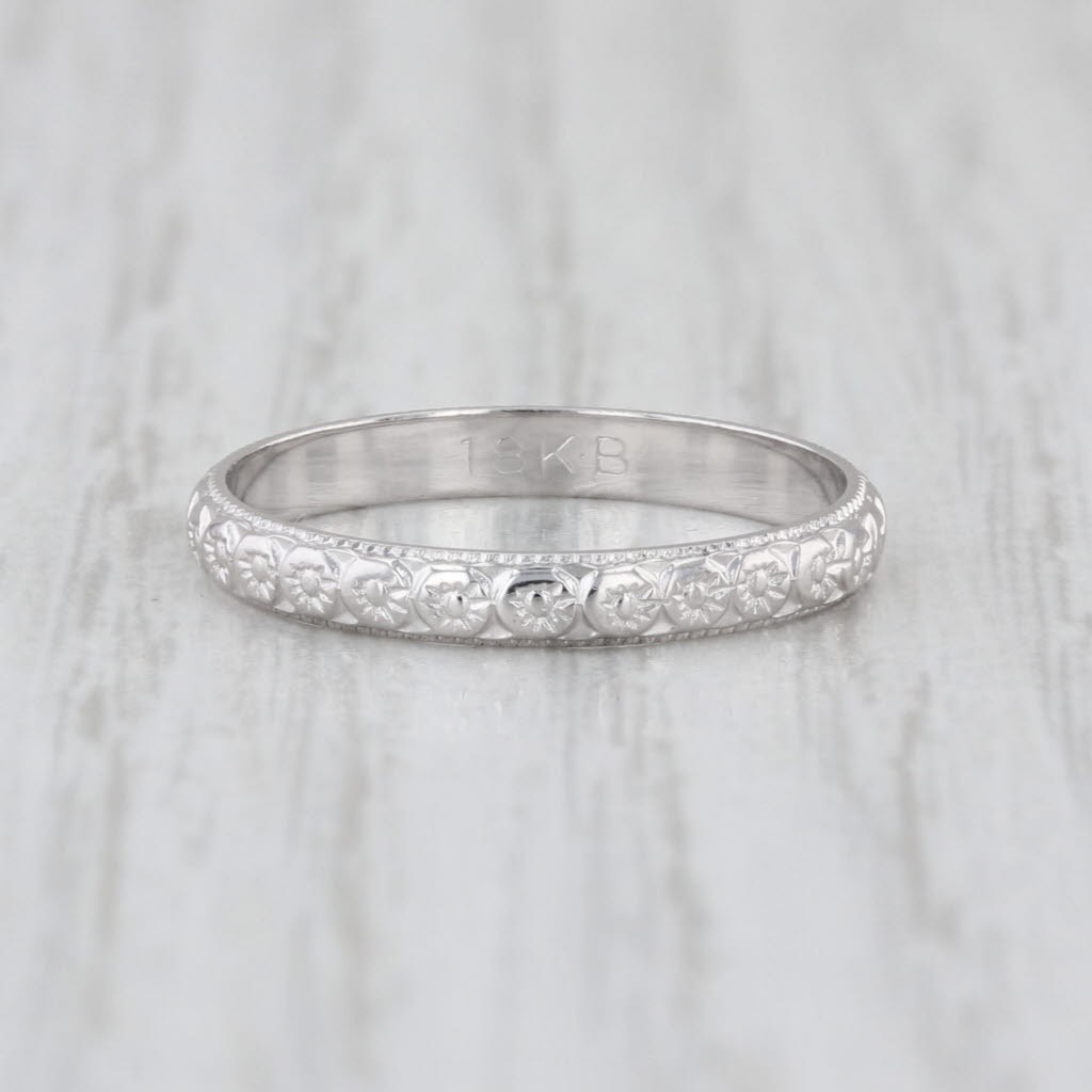 Art Deco Die Struck Floral Pattern Ring 18k White Gold Sz 5.5-5.75 Wedding Band
