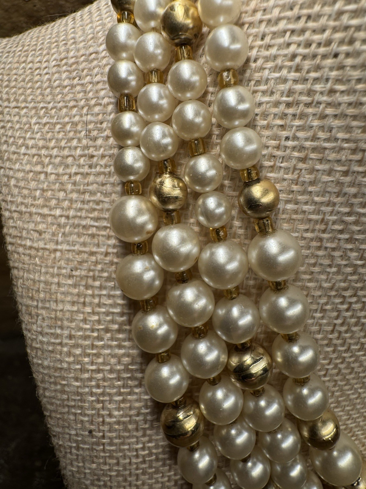 Vintage Multi-Strand Ivory Imitation Pearl & Gold Bead Necklace w Hook c1950s