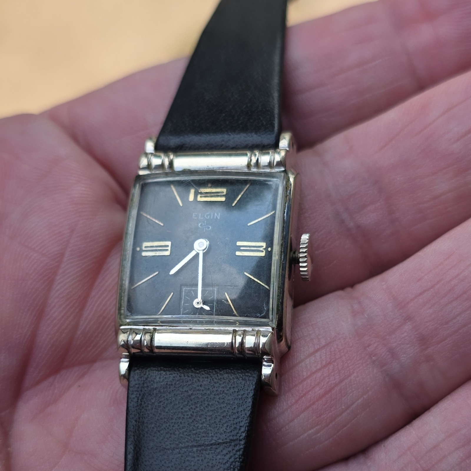 Vtg. 1950s Elgin 23mm Manual Wind, Art Deco Lugs, 10k White GF Case, Runs Smooth