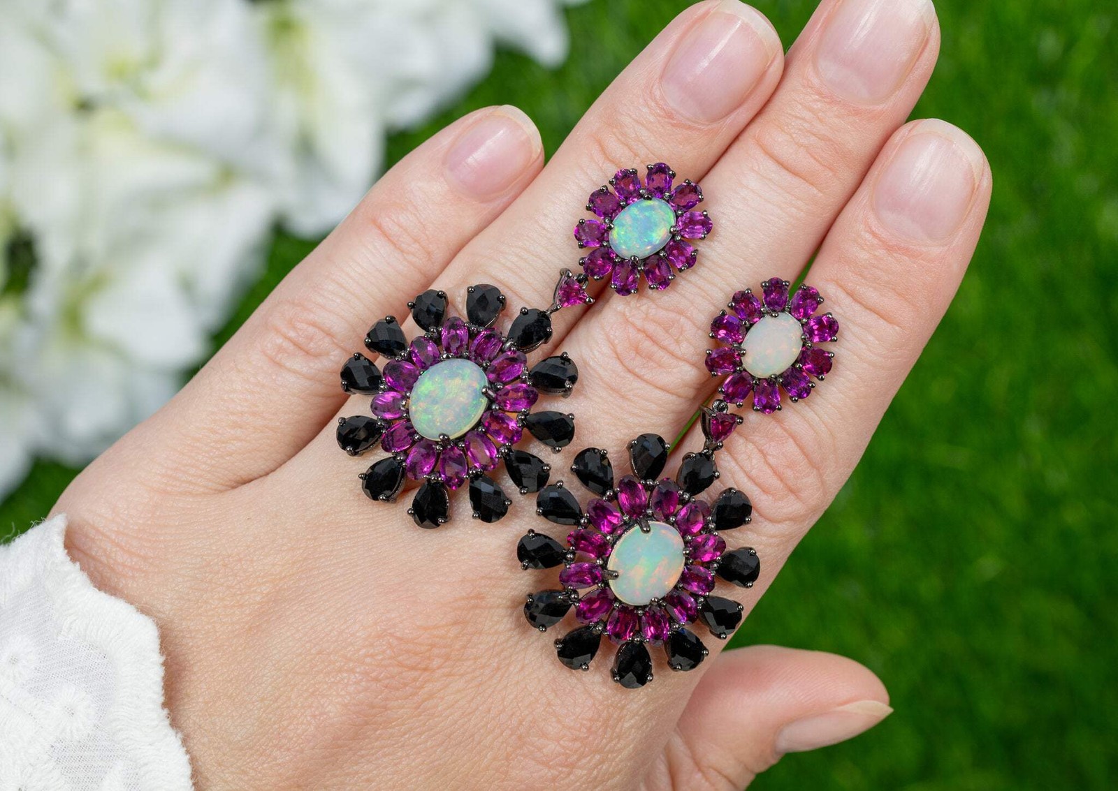 Natural Ethiopian Opal Rhodolite Dangle Earrings 29ct Sterling Silver