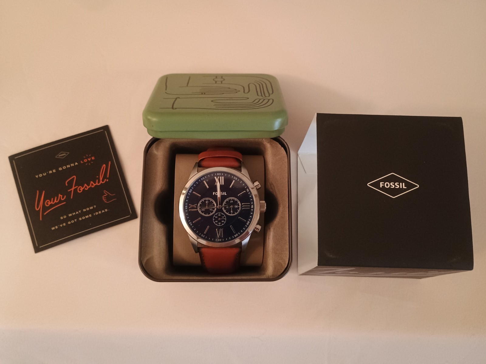 Fossil Flynn Chronograph Leather Men’s Watch – BQ2125 – Engraved – Needs Battery