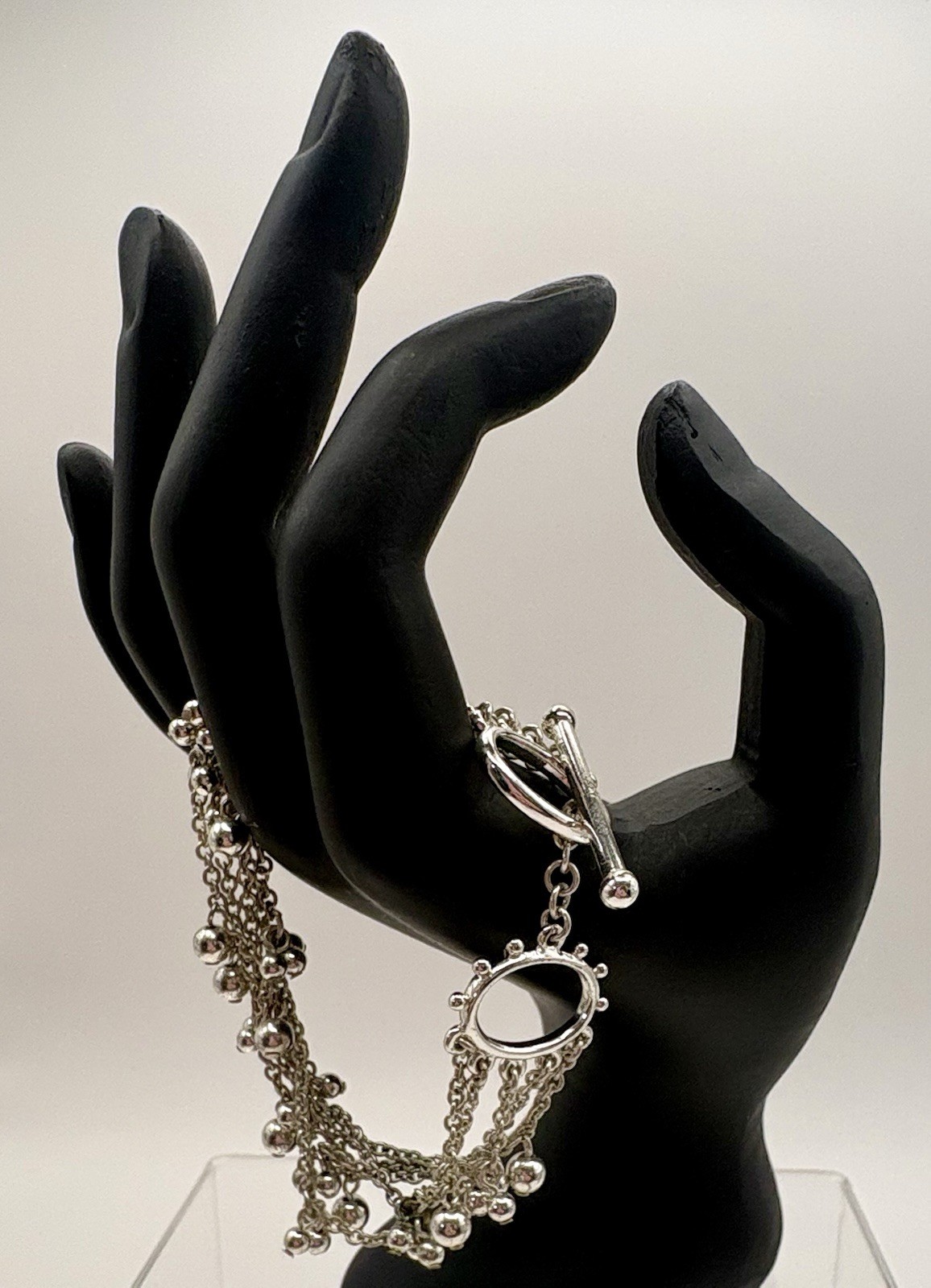 Ralph Lauren Silver Tone Multi Strand Ball Charm Toggle Bracelet 7.5” Signed RL
