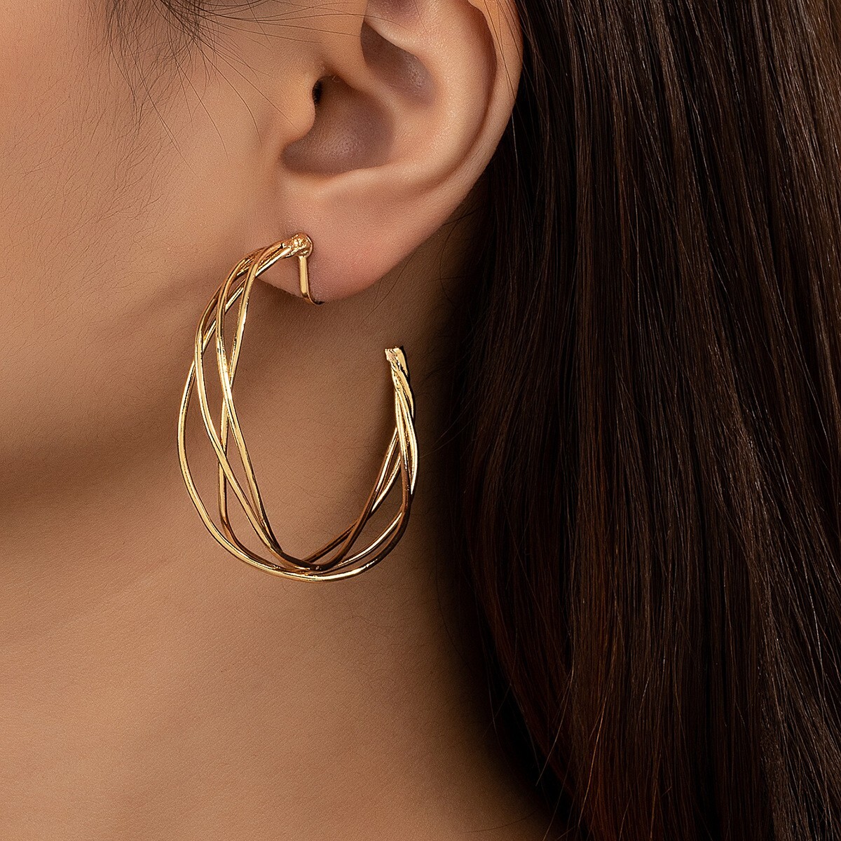 Clip On Hoop Earrings Drop Dangle Gold Tone Intertwined Round Chunky Earrings 2″