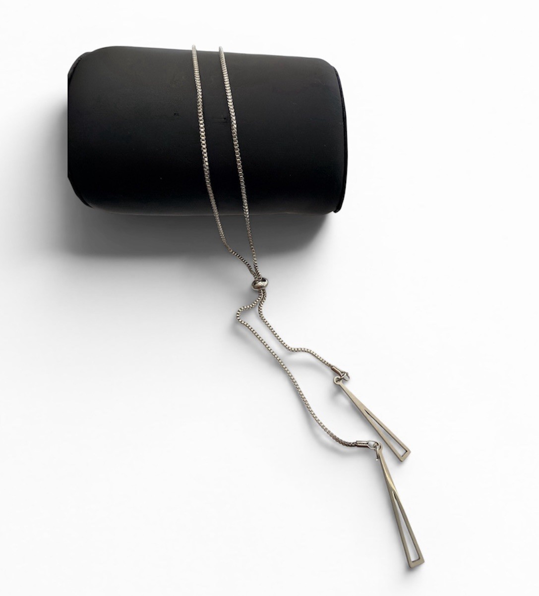 Silver Lariat Y Necklace Geometric Bar Pendant Adjustable Box Chain 30″ New