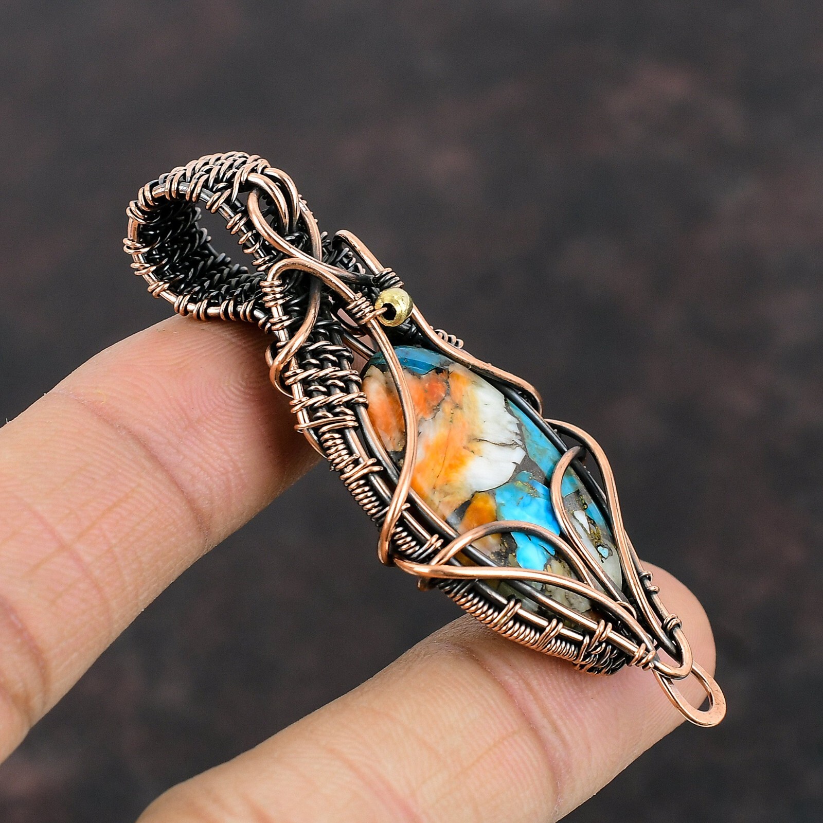 Gift For Her Spiny Oyster Turquoise Wire Wrapped Pendant Copper Jewelry 2.64″