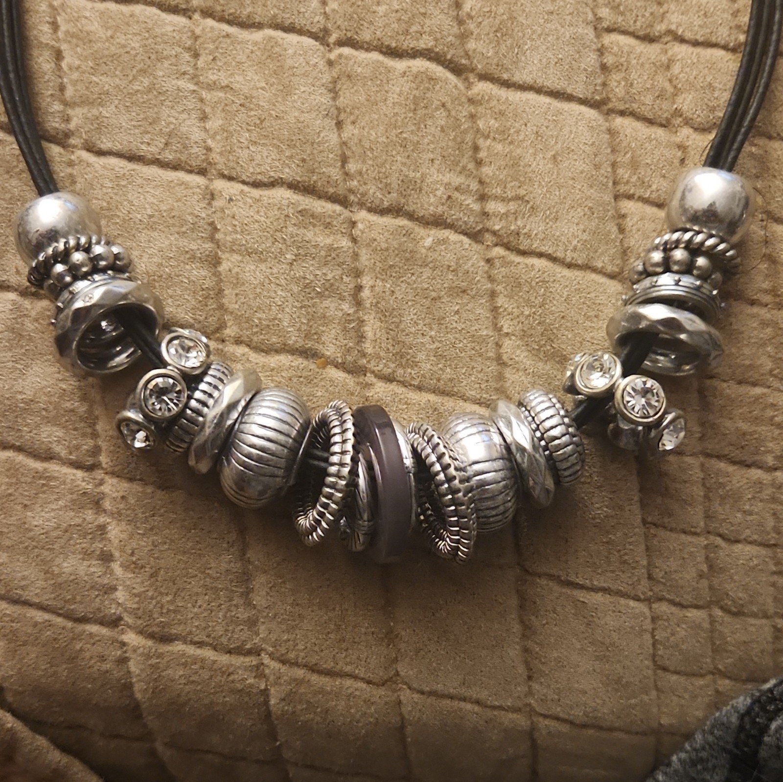 Vintage Chicos Silver Tone Multi Strand Cord Slide Charm Statement Necklace