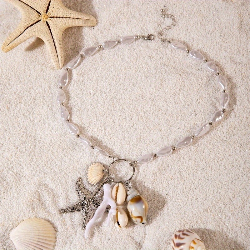 Bohemian Shell Starfish Pendant Necklace Imitation Pearl Necklace for Women