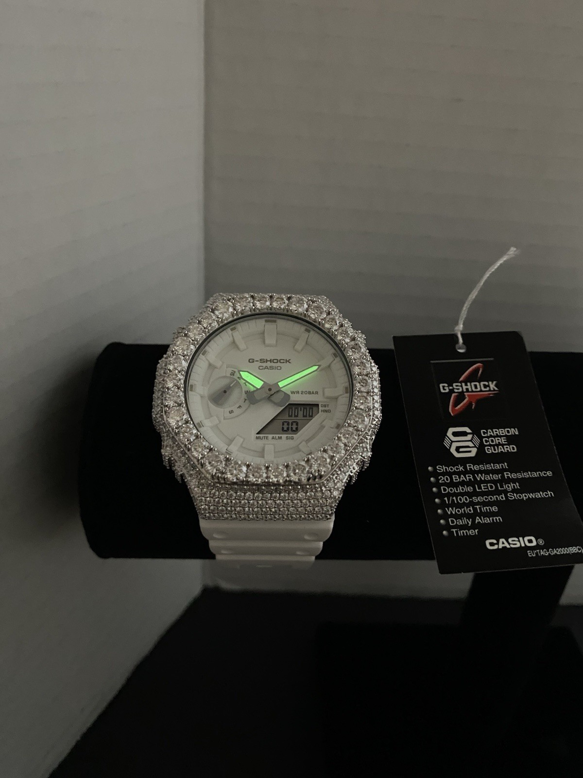 Casio G-SHOCK GA-2100-7A7ER + Custom Moissanite Bezel White Dial Watch