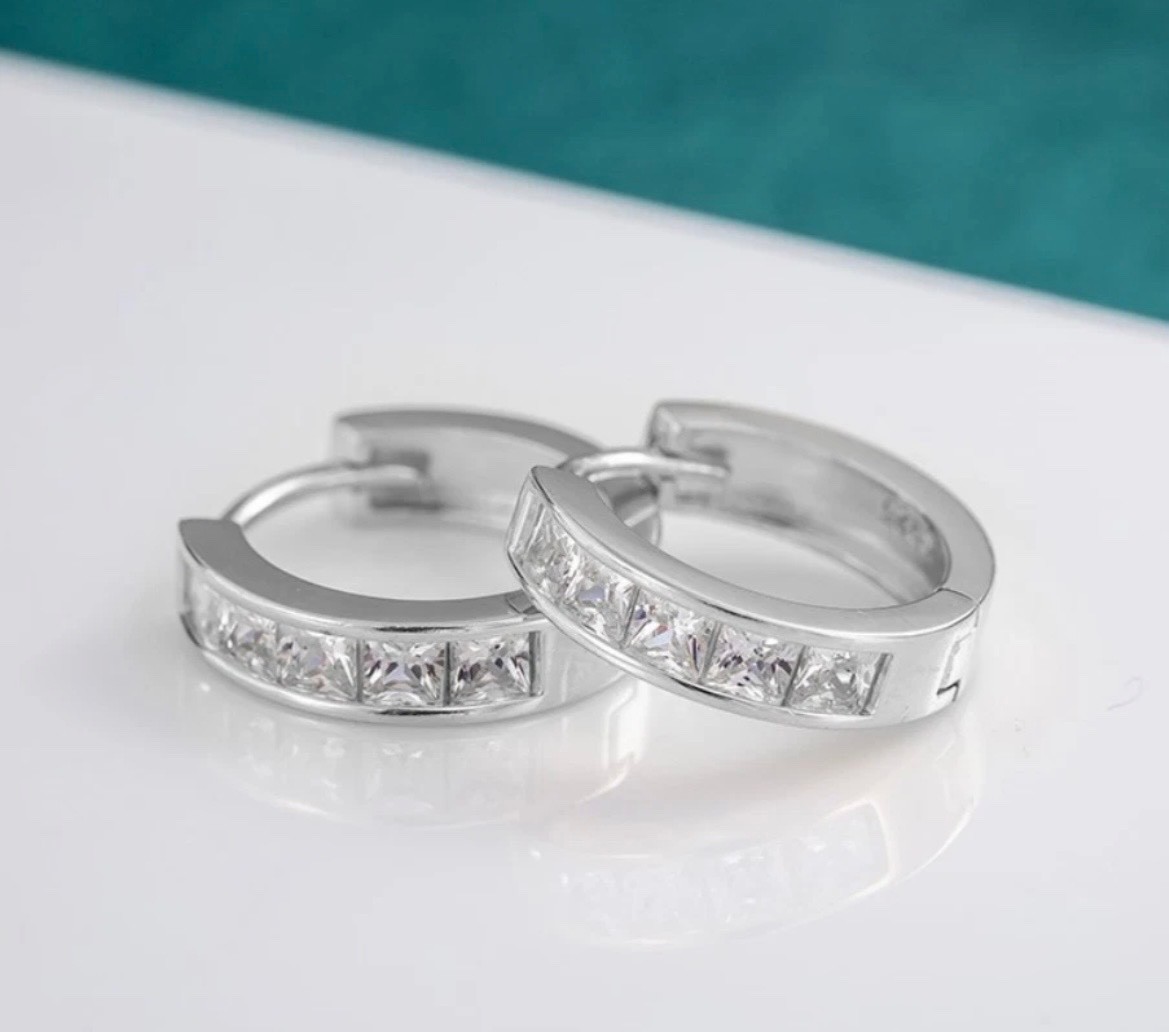 925 Sterling Silver Plated Square CZ Huggie Hoop Earrings Women Men