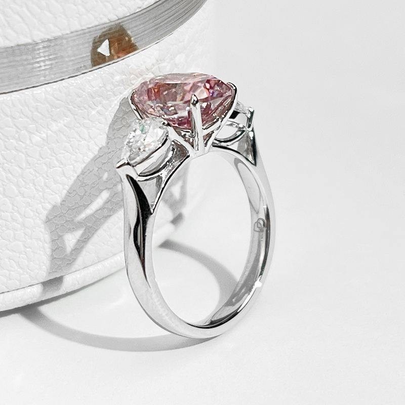 2.50Ct Oval Pink Moissanite Three Stone Ring 925 Sterling Silver Pear Side Stone
