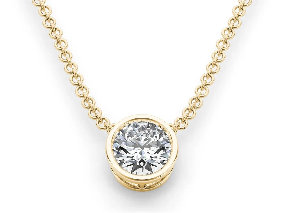 6.5mm Bezel Set Round Real Moissanite Solitaire Necklace 14K Yellow Gold Plated