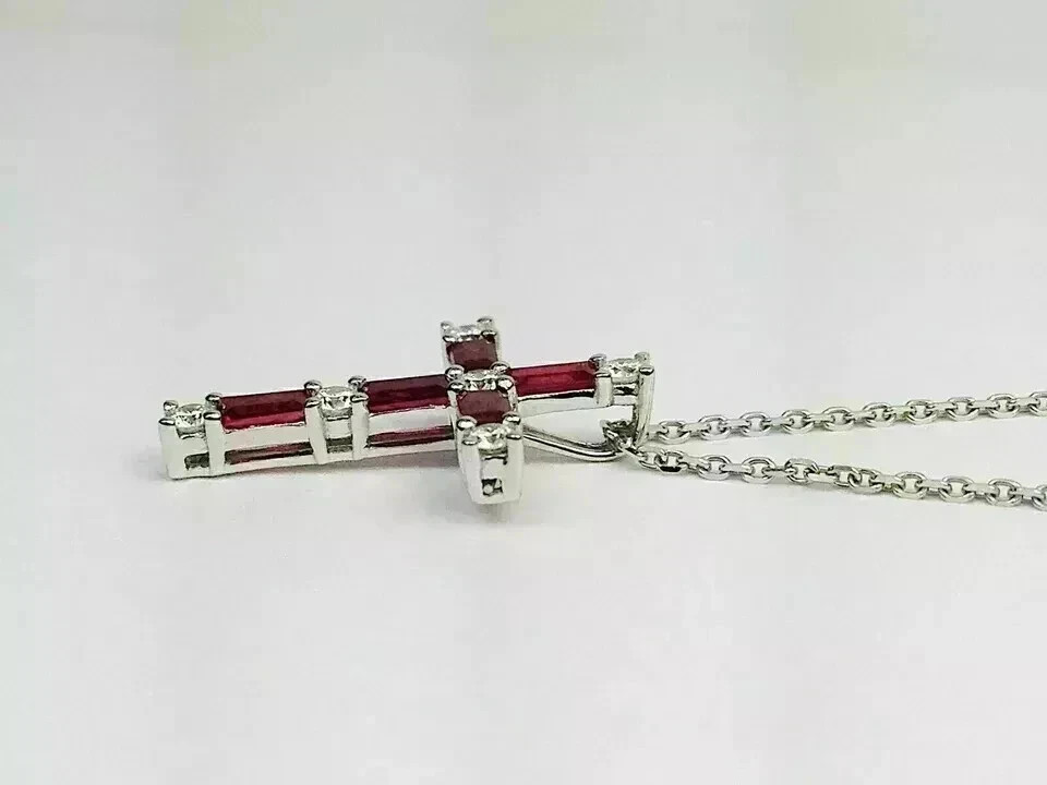 1.50Ct Baguette Cut Simulated Red Ruby Cross Pendant 14k White Gold Plated