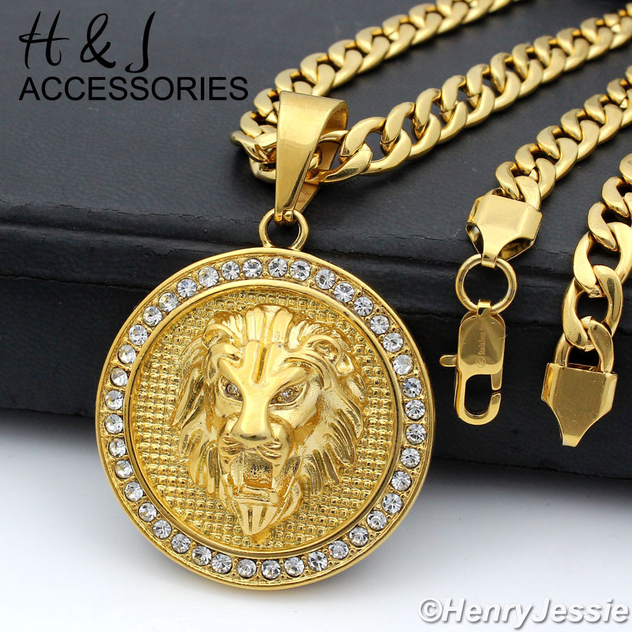 18-40″MEN Stainless Steel 6mm Gold Plated Cuban Curb CZ Lion Head Pendant*GP109