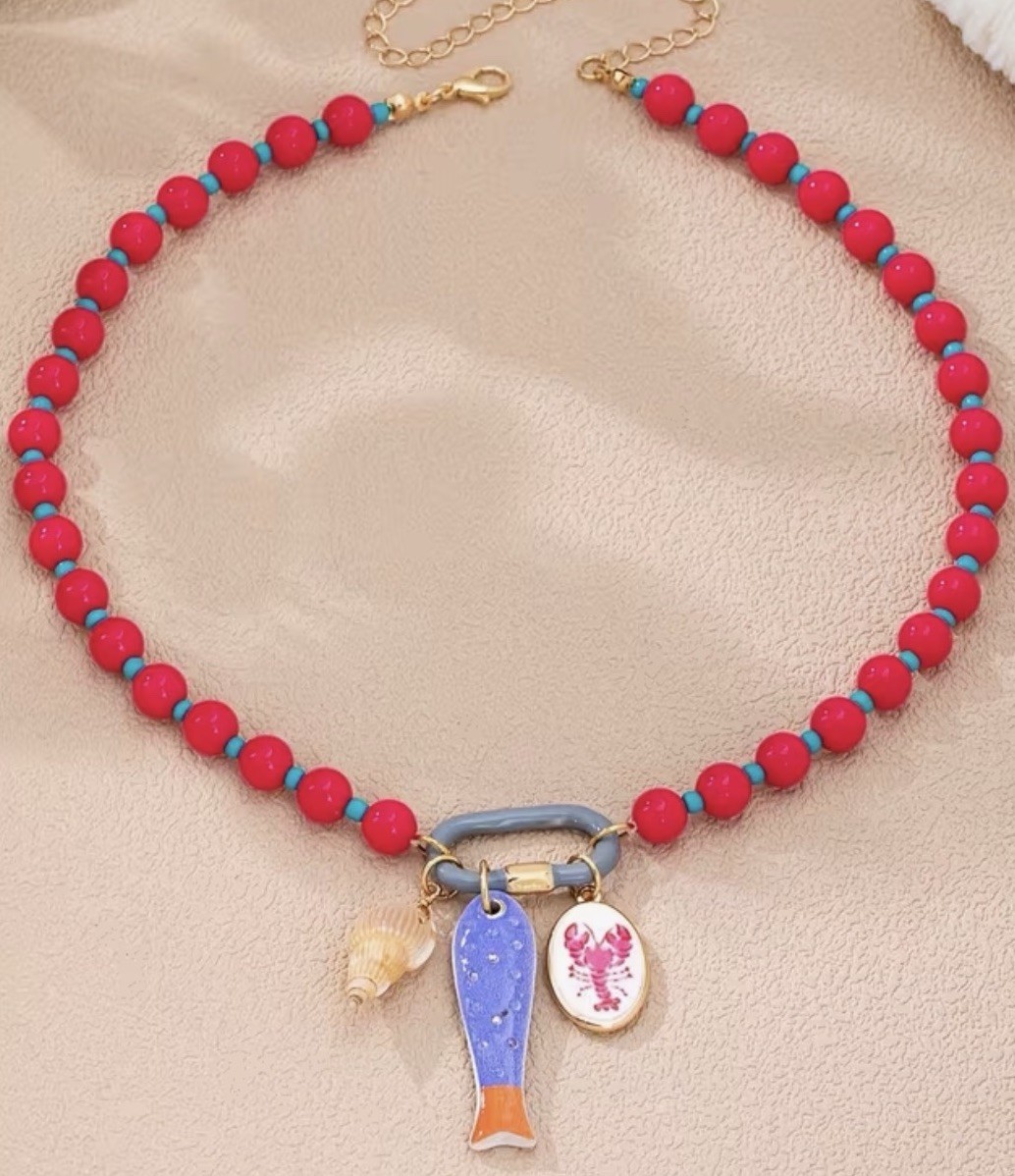 Handmade Resin Beaded Necklace Fish Charms, Beach, Gift For Her