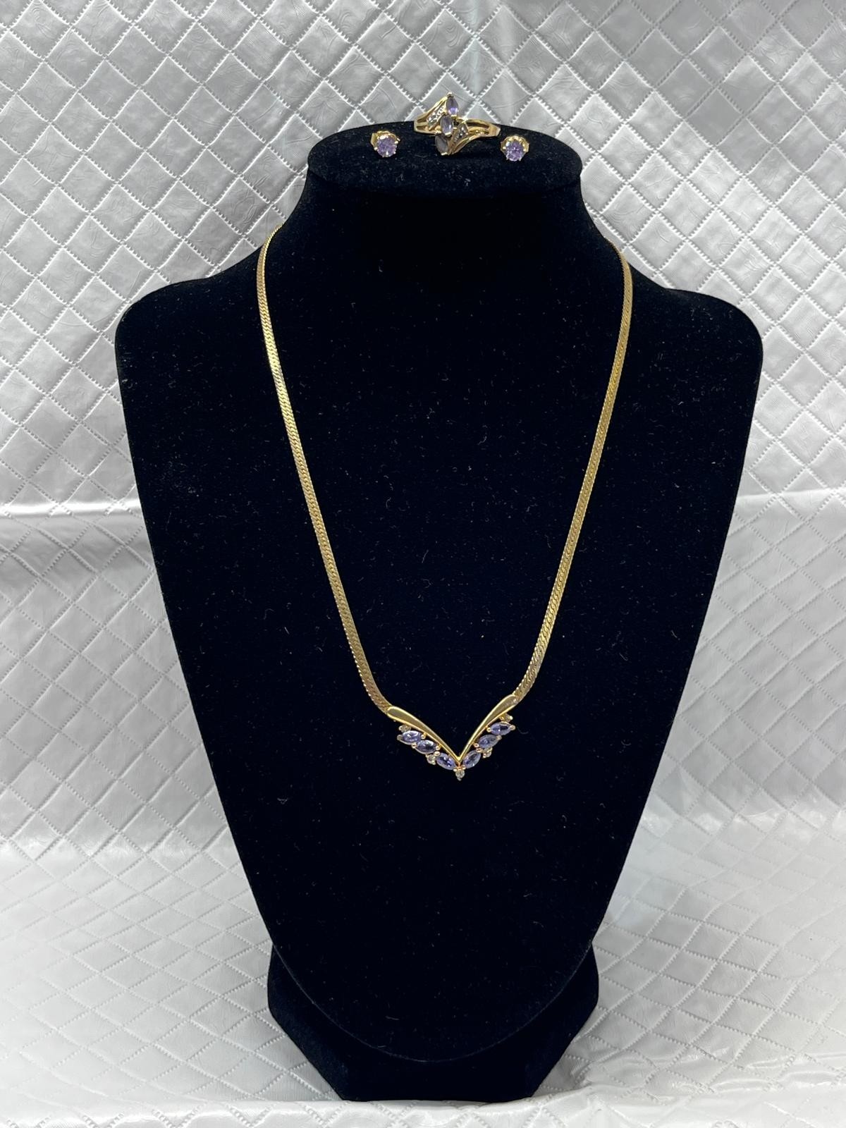 Costume Jewelry Set Gold Purple Necklace Ring Earrings