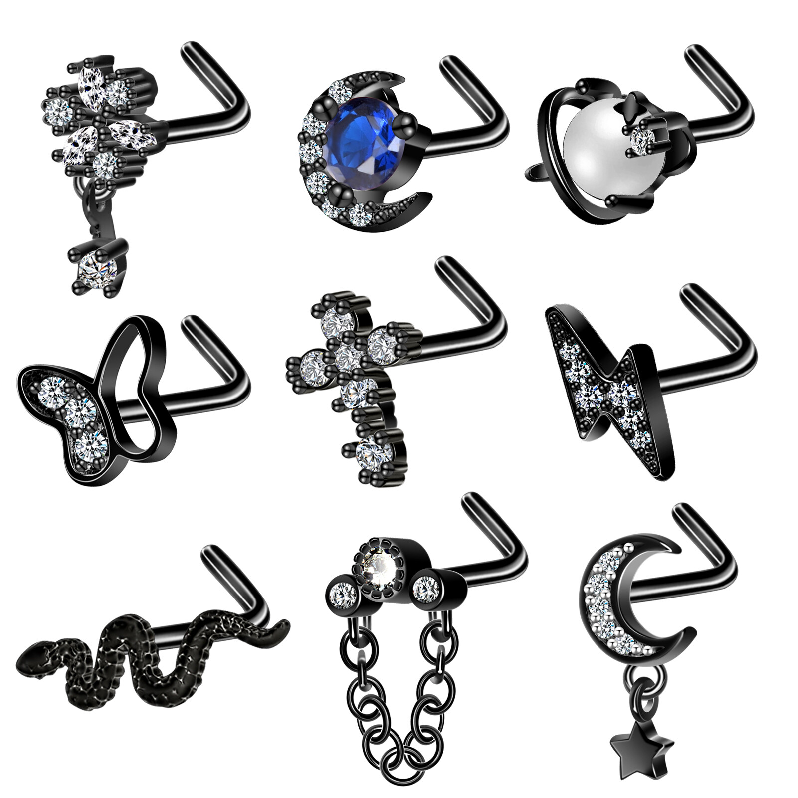 9 Pcs CZ L Bend Screw Bone Nose Studs Surgical Steel Pin Nose Ring 20G Piercing