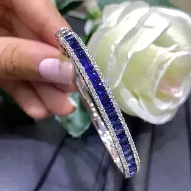 14K White Gold Plated 5Ct Princess Cut Lab Created Sapphire Bangle Bracelet