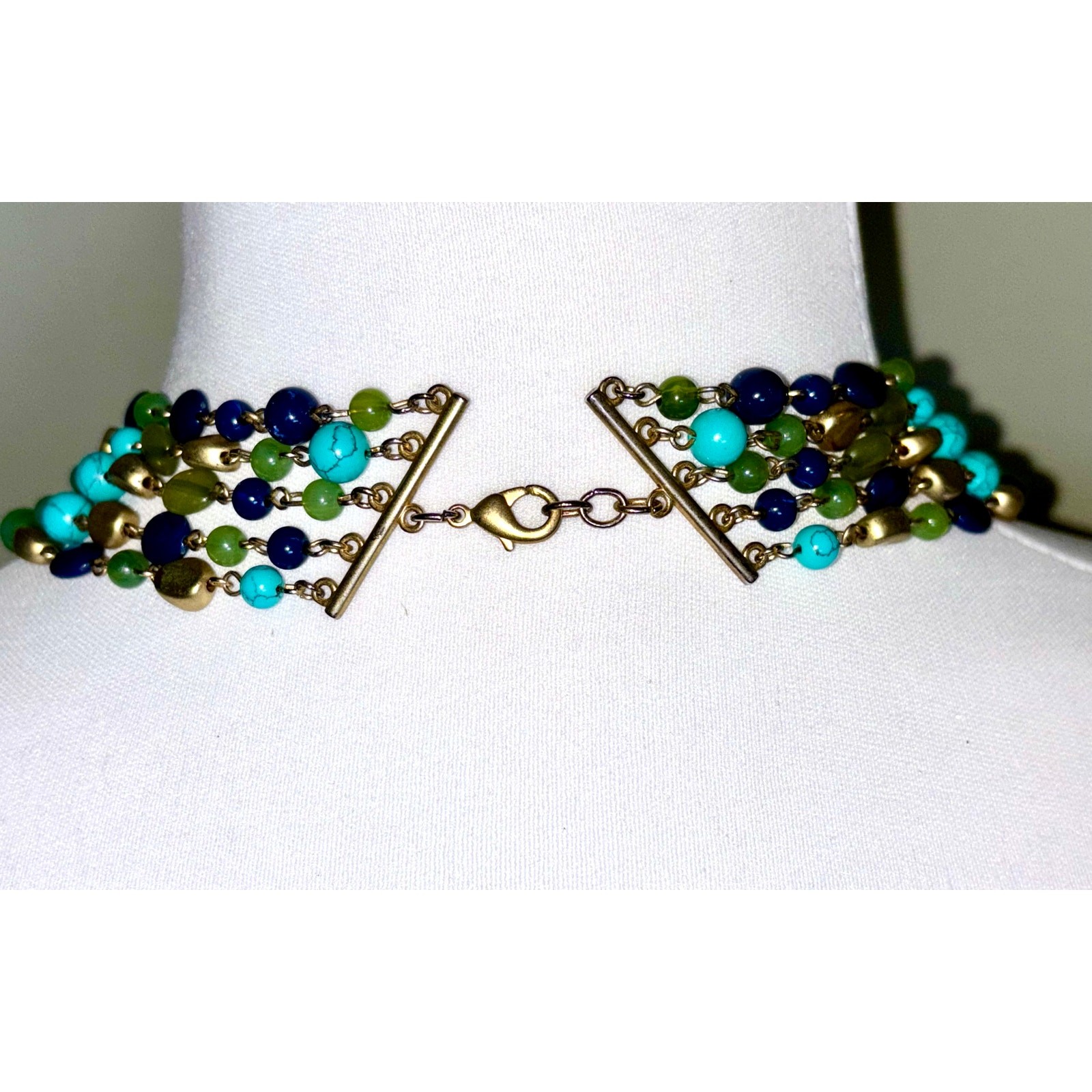 Vintage Multistrand Beaded Statement Necklace – Blue Green Gold