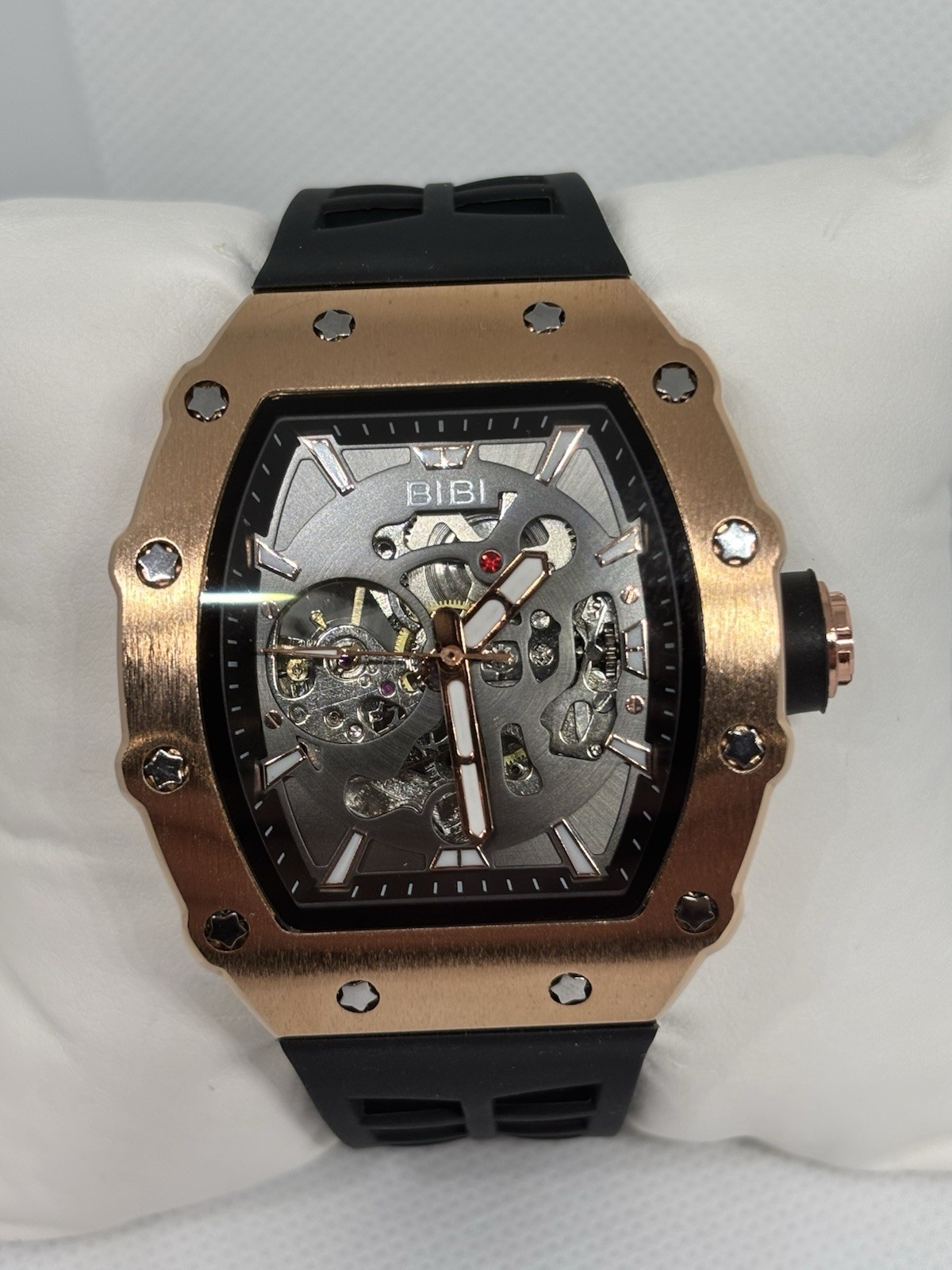BIBI Automatic Skeleton Rose Gold Black Rubber Strap Men’s Watch Box & Papers