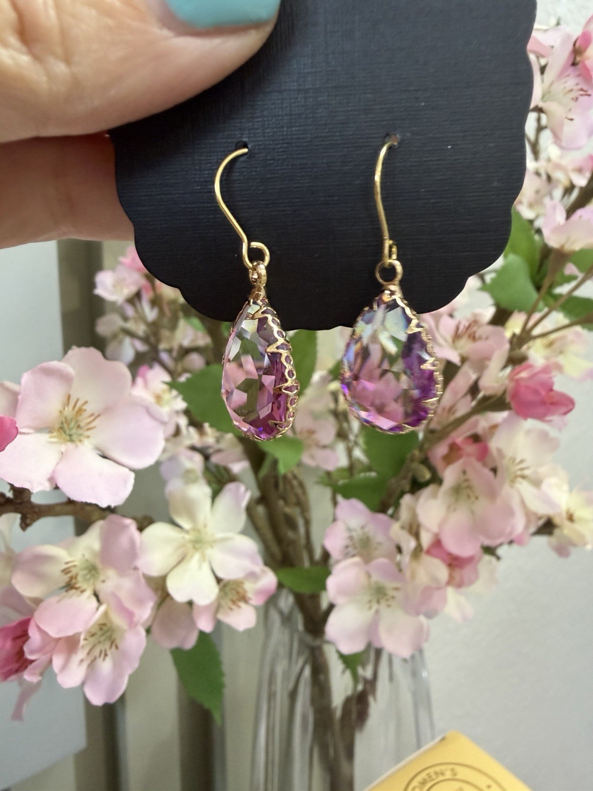 Gold Tone Pink Teardrop Crystal Dangle Drop Hook Earrings Bezel Set