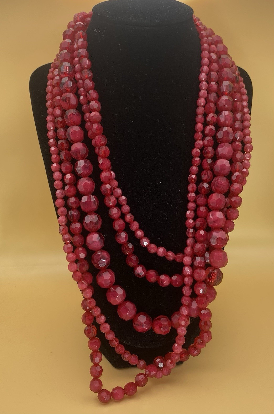 Red Multi-Strand Layered Round Beaded Ball/Bead Chain Necklace Lobster Clasp