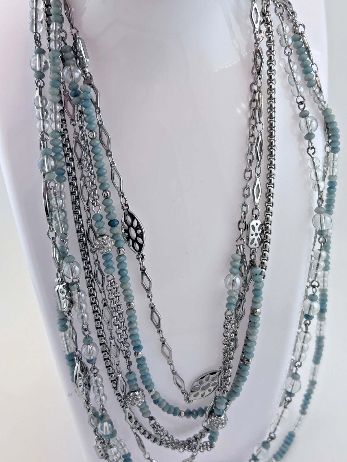 WHBM multi strand necklace. Pale Blue and icy-grey faceted seeds
